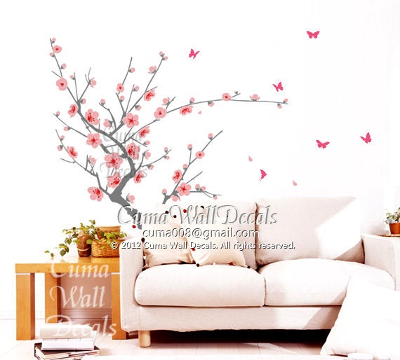 pink cherry blossom wall decals butterfly vinyl wall decals nursery wall decals tree wall mural - brandh floral wall sticker art Z136 cuma