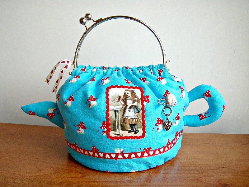 Alice Wonderland Tea Pot Bag Blue Red Mushrooms
