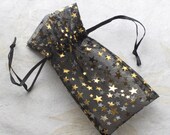 Organza Bags Black with Gold Stars, TEN 3" x 5.5" Drawstring Pouch Sheer Fabric Jewelry Supply Favor Bags