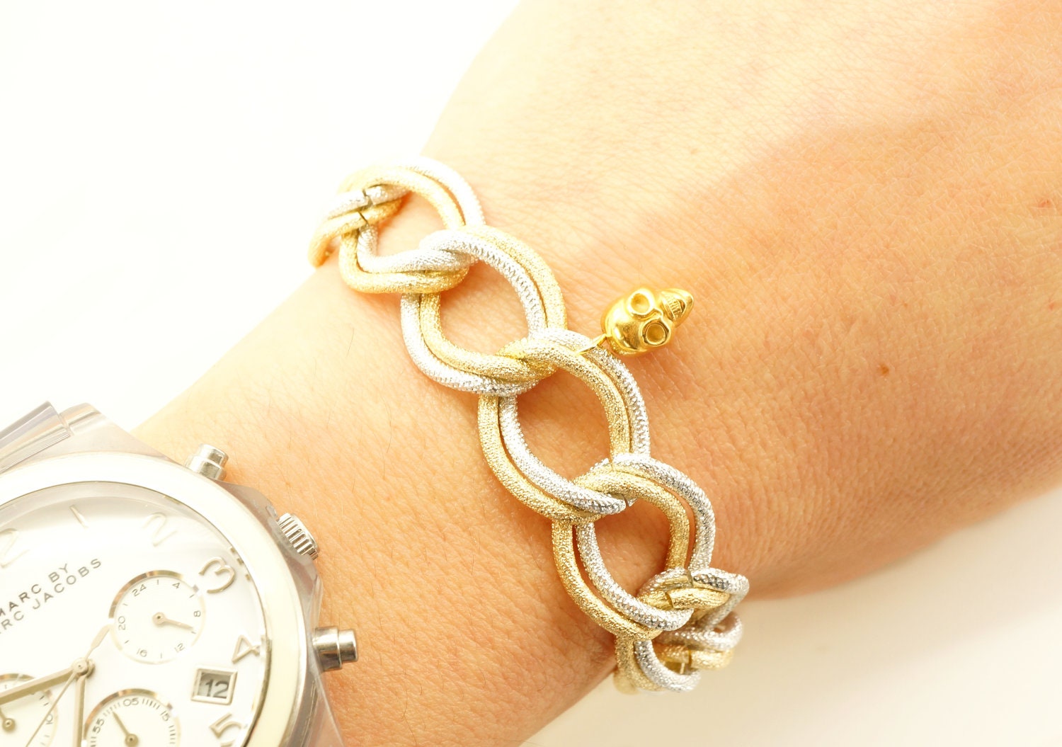 Gold & Silver Chunky Chain Bracelet with Tiny Gold Skull - Double Link Twinkle  Chain