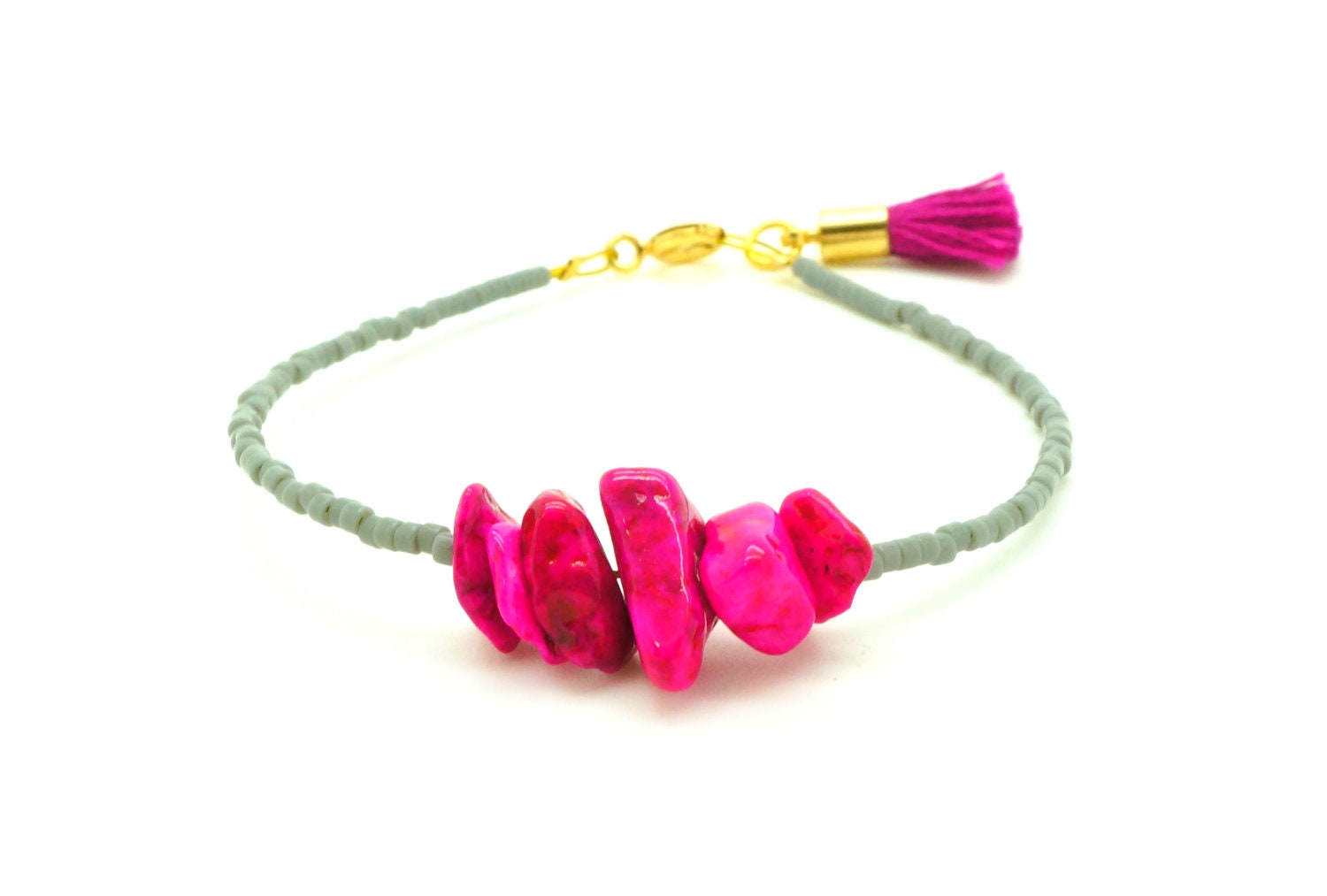Grey and  Fuchsia Beaded Friendship Bracelet with Tassel