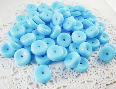 Vintage Sky Blue Glass Disk Beads 10mm Spacer Rondelles (8)