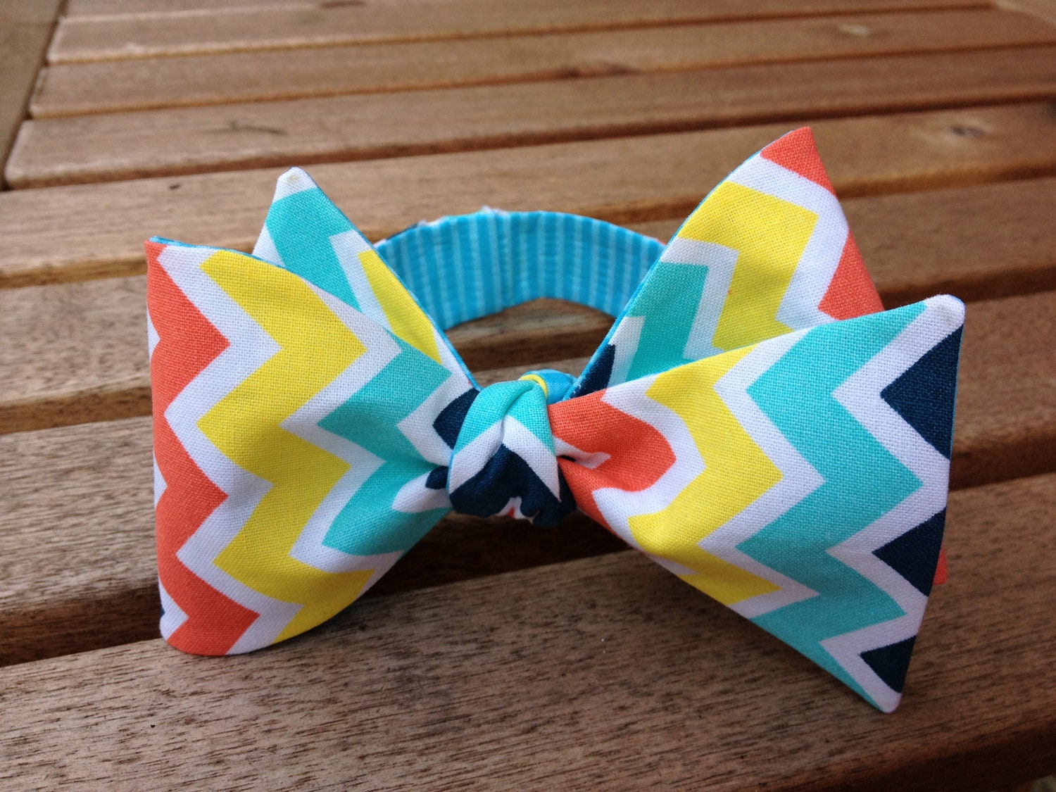 Dual-sided Multi-colored Chevron/Light and Dark Blue Striped Poplin Bow Tie
