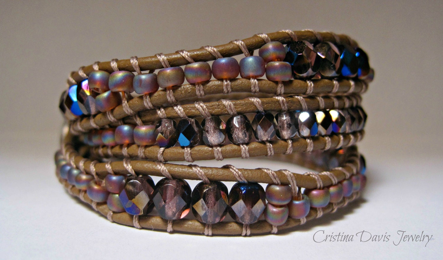 Leather Wrap Bracelet, Beaded Indian Summer, Boho Chic, Triple Wrap,Festival,Purple