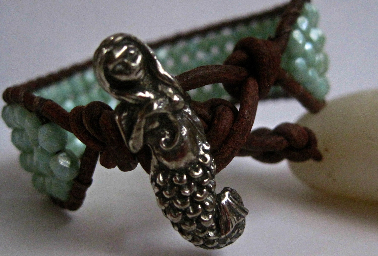 Beaded Leather Cuff, Mermaid's Tail Seafoam Stardust, pale turquoise, Boho chic, Beach