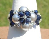 Crystal Pearl Flower Cocktail Ring, Handmade Swarovski Ring, , Blue and Silver Ring, Customize Your Ring, Made to Order in Your Size