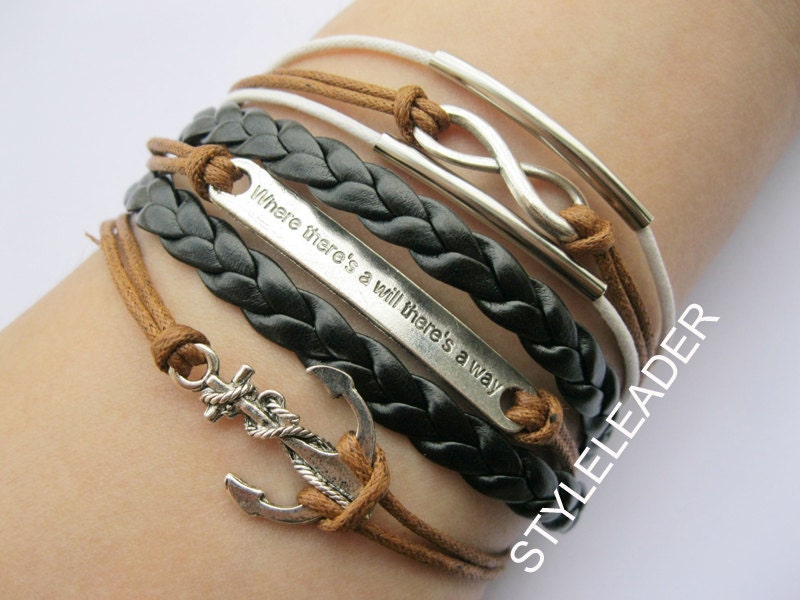 Bracelet-antique silver infinity bracelet,"where there's a will there's a way" bracelet,anchor bracelet
