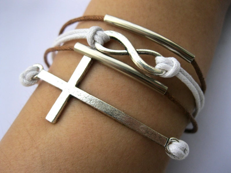 Bracelet-antique silver infinity bracelet,cross Bracelet,wax cords bracelet