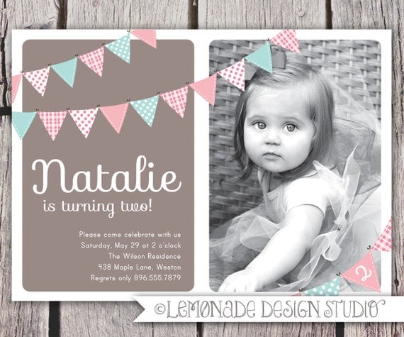 First Birthday Invitation Bunting Flags Banner Photo Printable Invite - Pink and Brown - 1 Year Old or 2 Year Old - Second Birthday