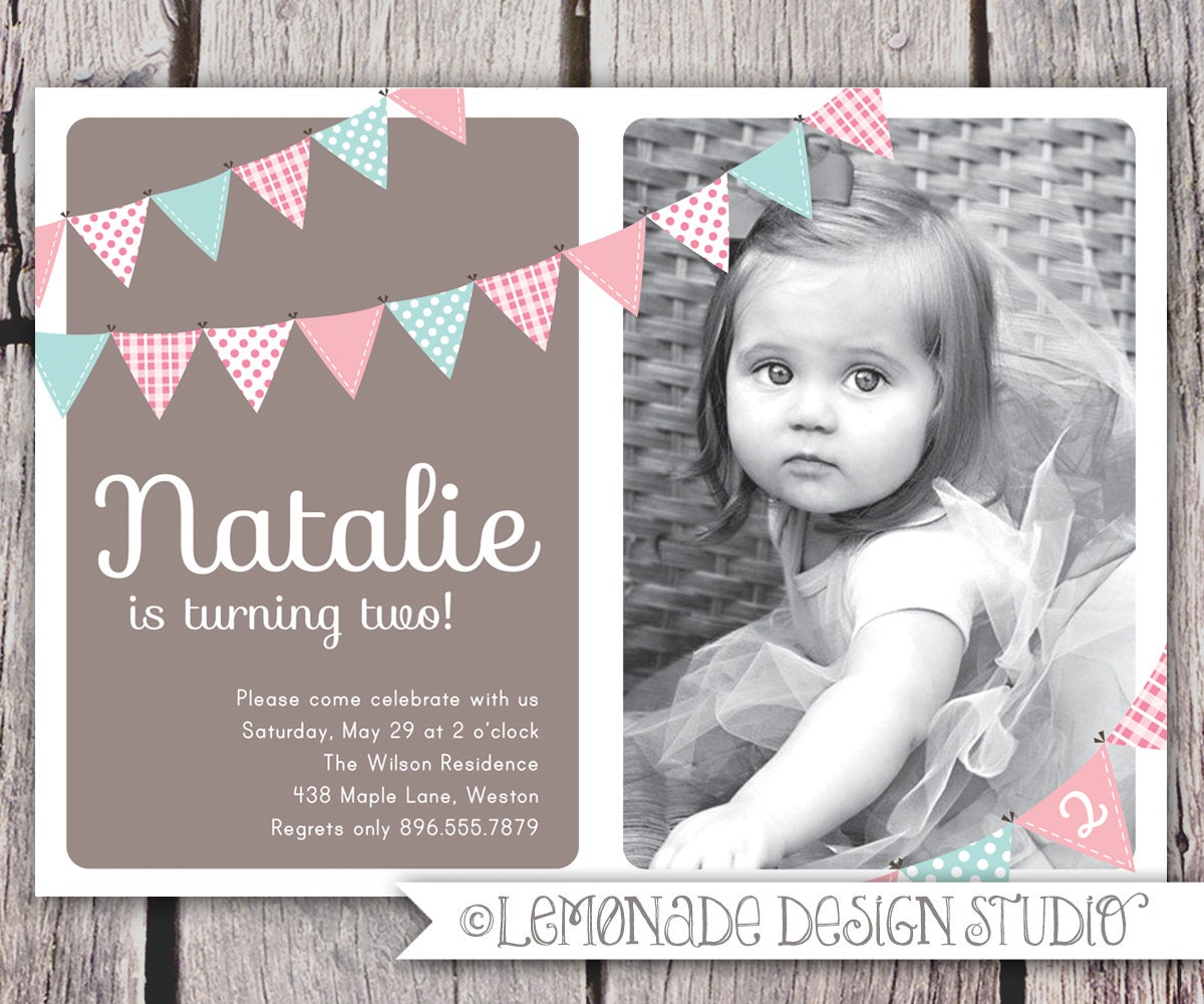 First Birthday Invitation Bunting Flags Banner Photo Printable Invite - Pink and Brown - 1 Year Old or 2 Year Old - Second Birthday