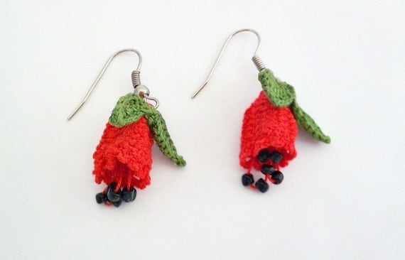 Handmade Crochet Earrings, Red Bell flowers, Green Leaves, Beaded Jewelry