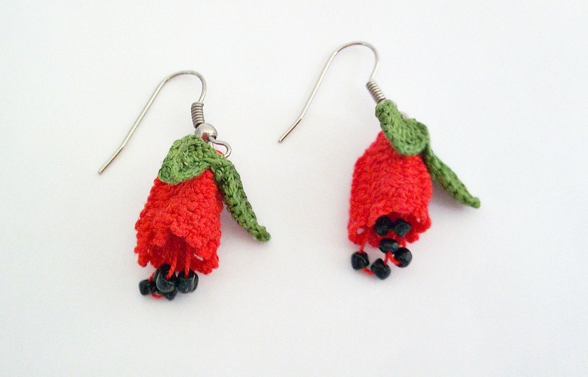 Handmade Crochet Earrings, Red Bell flowers, Green Leaves, Beaded Jewelry