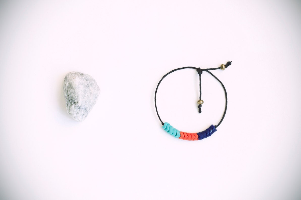 Sea green, coral and navy glass czech trade beads, bracelet.