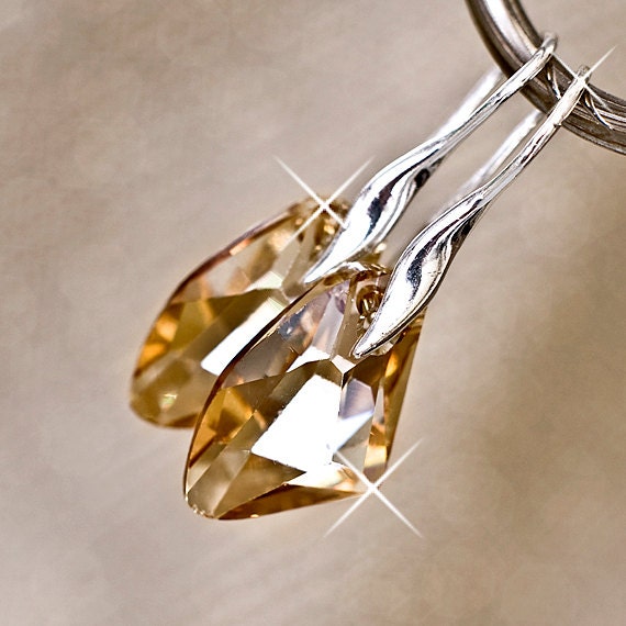 Sterling Silver Bridal Earrings. Swarovski Crystal Golden Earrings. Bridal Earrings, Golden Crystal Earrings. Swarovski Earring.