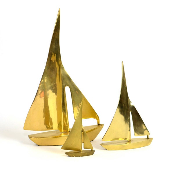 Brass Sailboat Trio - Large, Shiny Gold Color Boat Statues, SET of 3 - Vintage Home, Lake Cottage, or Office Decor Accent