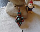 large coral and turquoise sterling silver pendant:  large tribal ethnic floral pattern necklace for Graduation jewelry