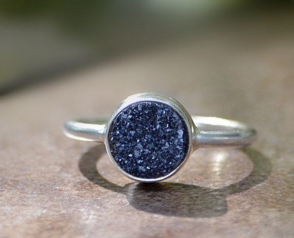 Black druzy sterling silver round stacking bezel set ring - Size 6 or 7