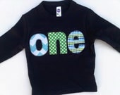 Long Sleeve Birthday Shirt  in Navy  with chevron green dots and tiny dots 1st Birthday