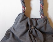 Grey Red Hobo bag with Crystal Balls Wool mix lined Upcycled dress FREE SHIPPING