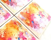 Abstract Watercolor Coasters, Ceramic Tile Set, Rosie Brown, Pink Orange Watercolor, Table Protection