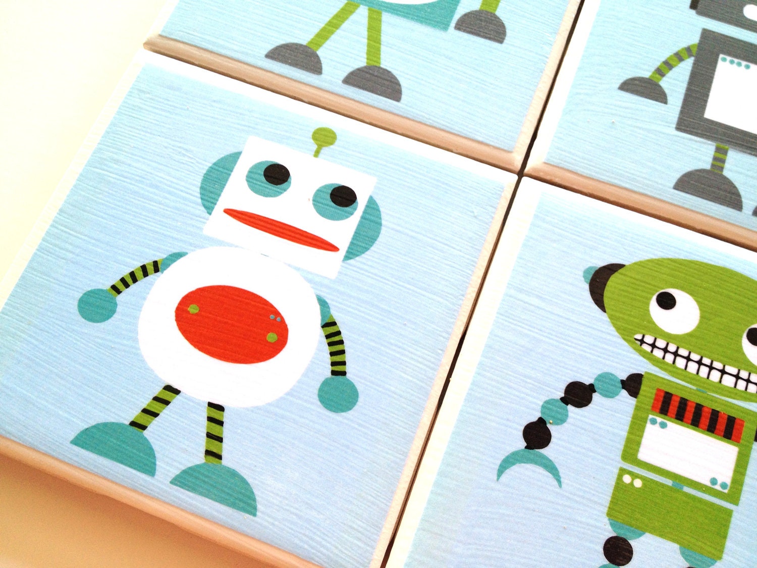 Robot Coasters, Robot Home Decor, Cartoon Robot Illustration, Handmade Beverage Coasters