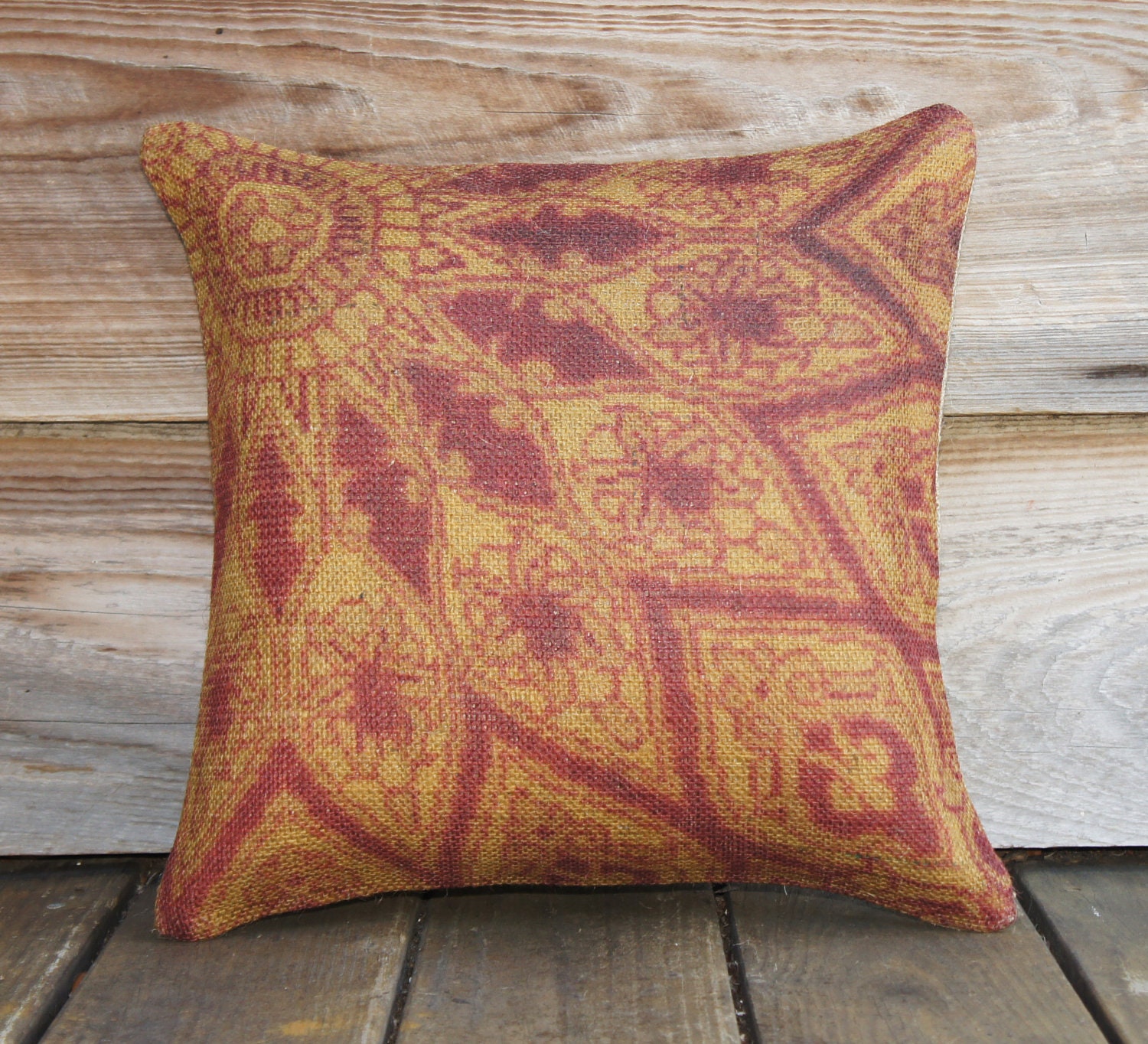 Sunburst Pillow Cover, Burlap, Decorative Throw Pillow, Flower Sun Red Orange Yellow, Accent Pillow, Persian, 16x16