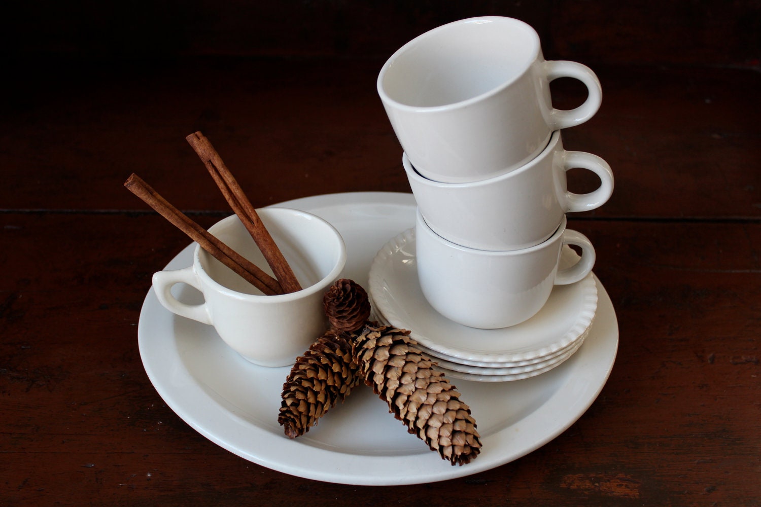 Vintage White Ironstone Collection Cups Saucers Platter
