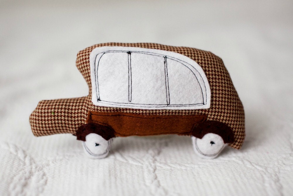 Vintage brown soft car, stuffed toy safe for children