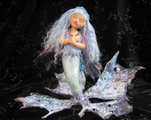 ooak Fairy art doll sculpture little blue Mermaid fae faeries art Nouveau ocean sea fish girl
