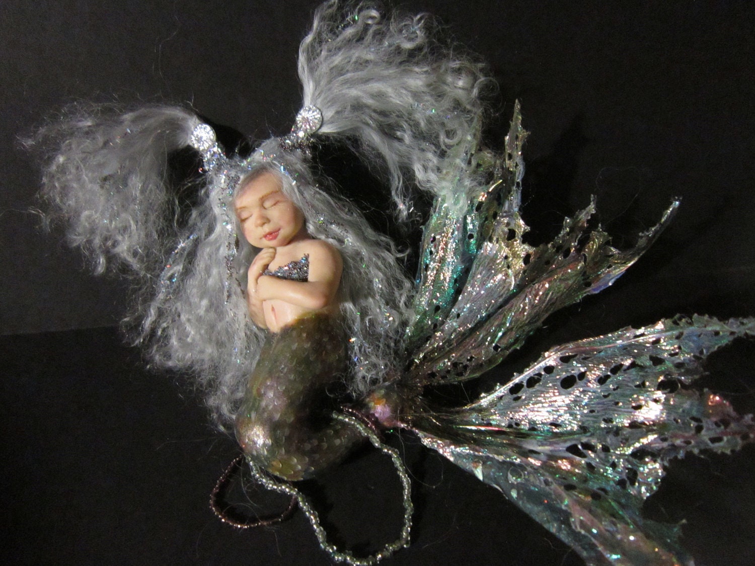 ooak Fairy art doll sculpture little blue Mermaid in abalone shell fae faeries art Nouveau ocean sea fish girl