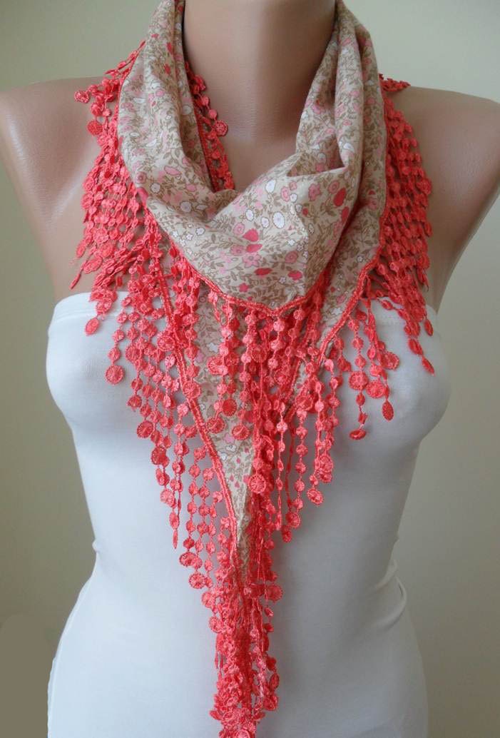 New - Mother's Day Gift - Salmon Flowered Scarf with Salmon Trim Edge - Spring Trend