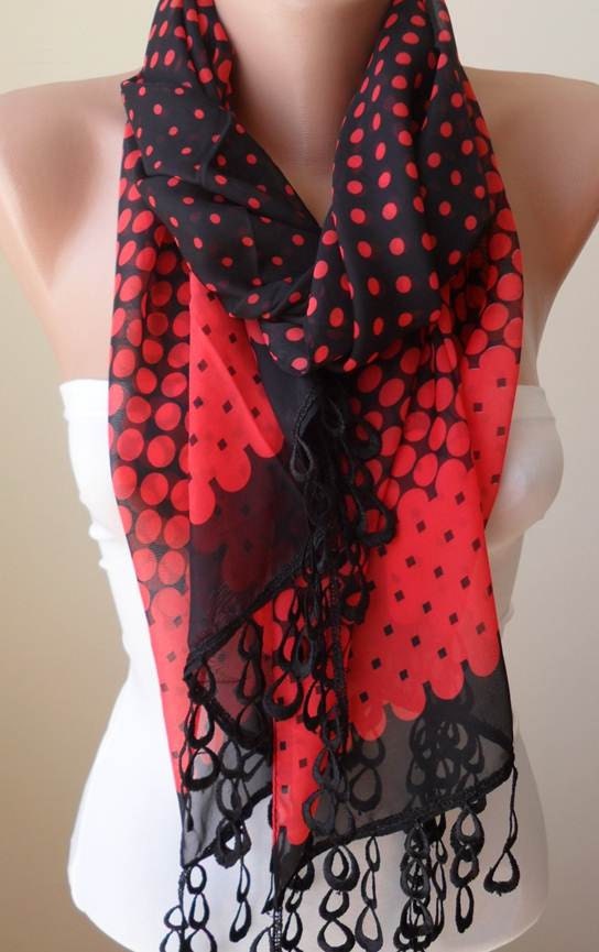 Valentine's Day - Black Scarf with Trim Edge - Polka Dots
