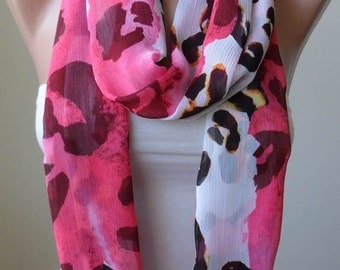 Infinity Scarf - Circle Scarf  -  Loop Scarf - Pink - Beige and Brown Scarf - Chiffon Fabric