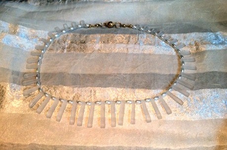 Frosty Clear Sea Glass & Freshwater Pearl Fan Necklace Dagger Cleopatra Collar