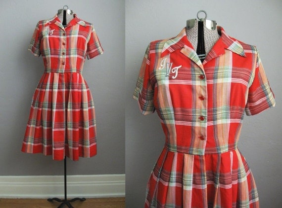 50s Dress / 1950s Shirtwaist Dress / Coral Red Plaid Cotton Dress
