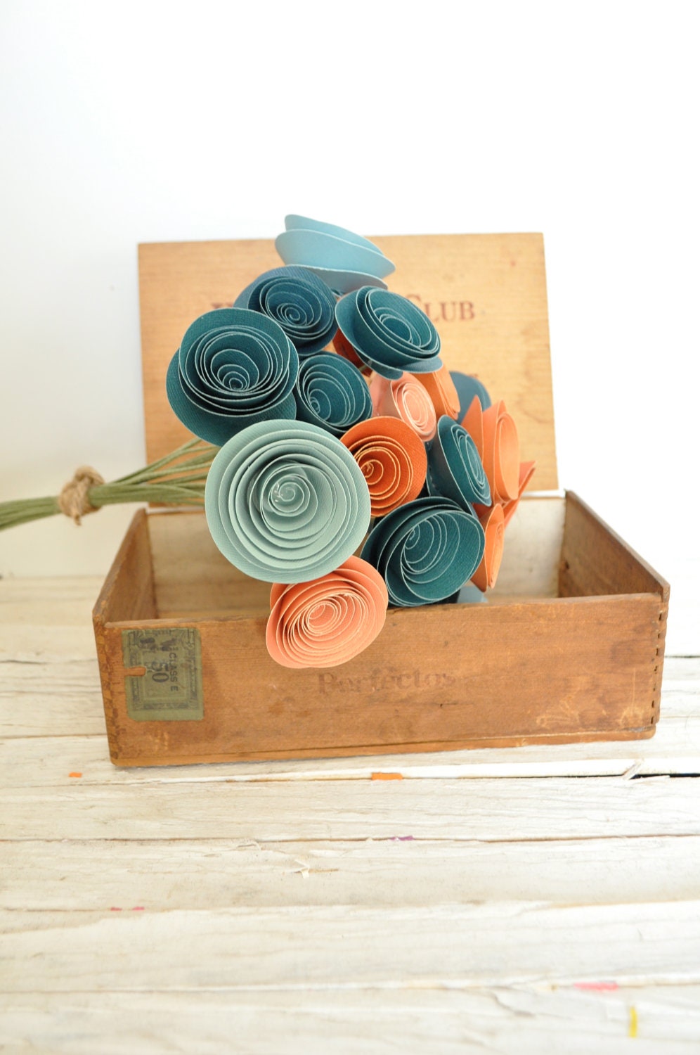 30 Orange and Teal Paper Flowers on Stems- Fall Bouquet of Paper Flowers-  Orange and Teal Wedding Decor
