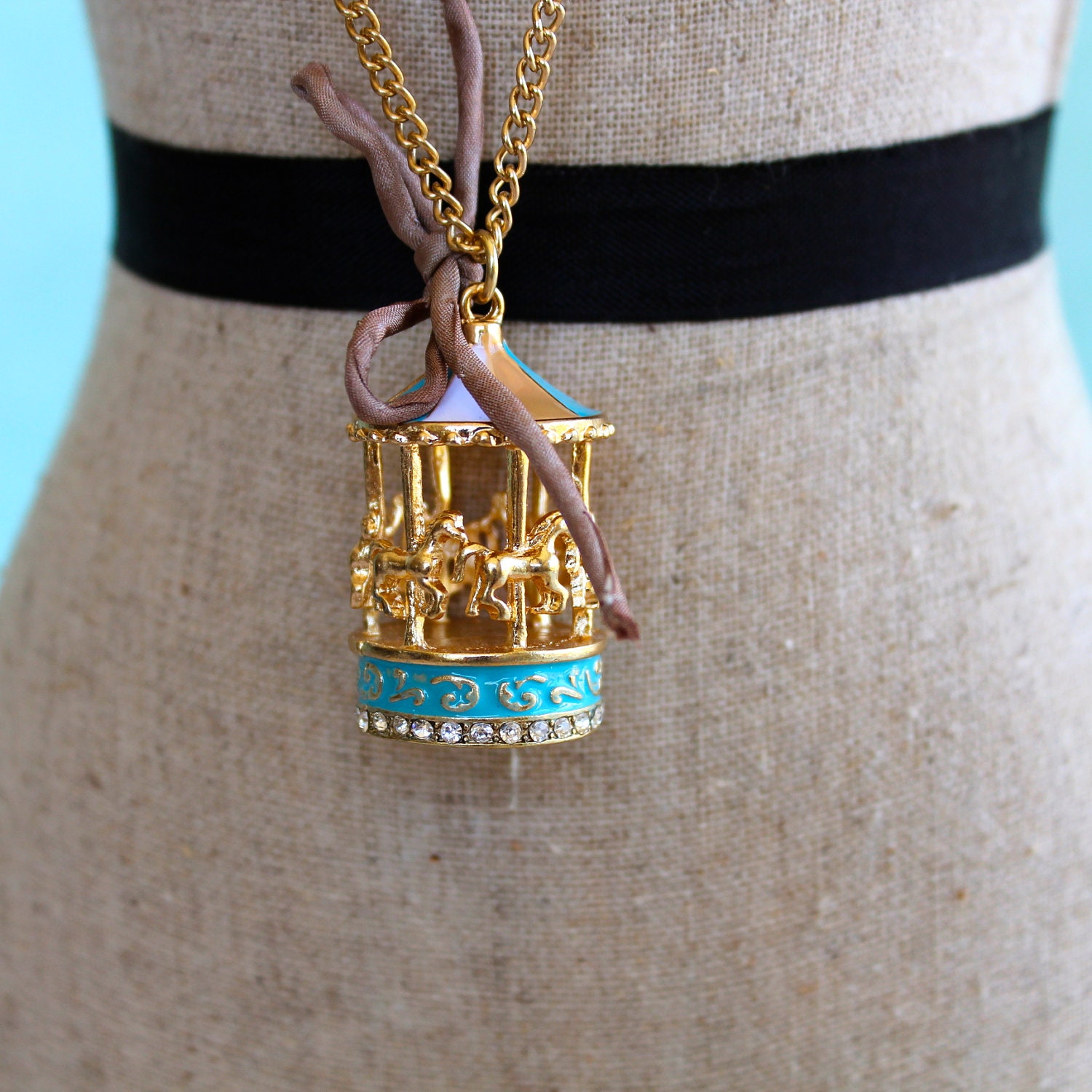 pastel carousel enamel charm pendent.   long necklace.