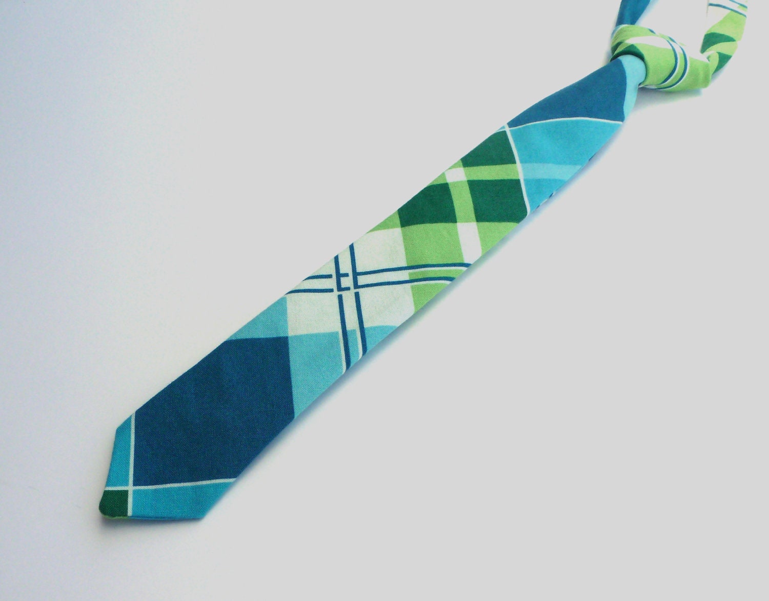 Boys Skinny TIe- Blue, Green, and White Plaid- Sizes Newborn- 7 years