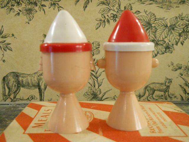 Plastic Salt and Pepper Shakers - Boy and Girl Heads With Red and White Hats