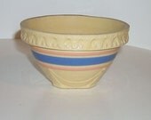 Cute Vintage McCoy Yellow Ware 5 1/2" wide bowl with pink and blue stripes & drapery design