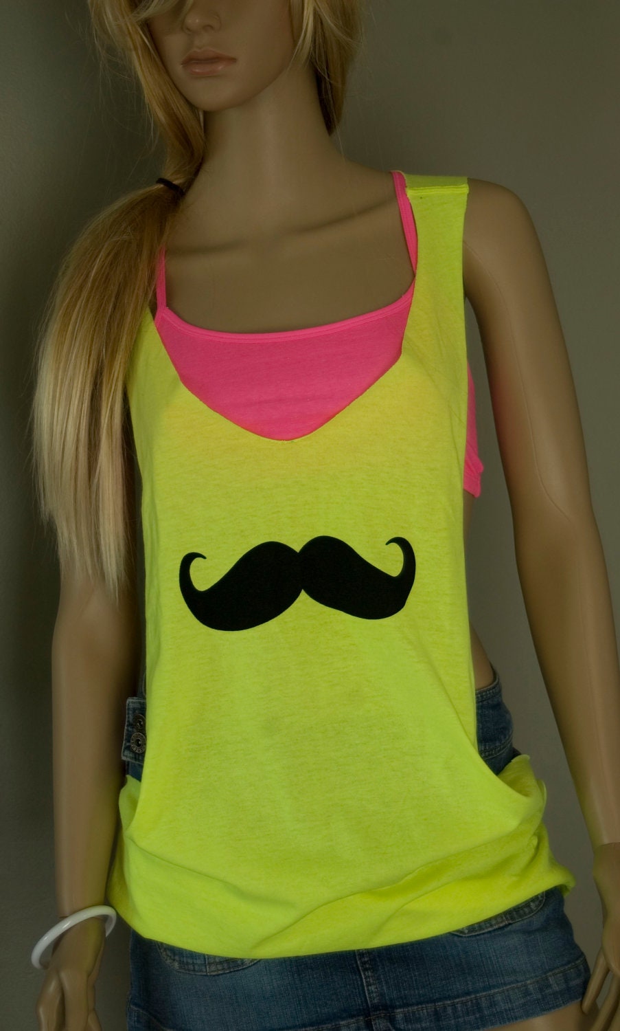 Neon Yellow Mustache Hand Cut Low Sides Tank Top Shirt