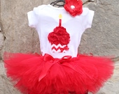RED CHEVRON SET--Birthday Girl Tutu Skirt and Cupcake Onesie Set with Free Flower Clip, Newborn,1st, 2nd, 3rd, 4th, 5th Birthday