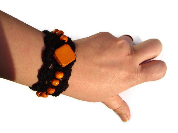 Crochet Bracelet, Geometric Bracelet, Cuff Fibre Bracelet, Wood Beads Bracelet, Black Bracelet, Orange, Gift Ideas, OOAK