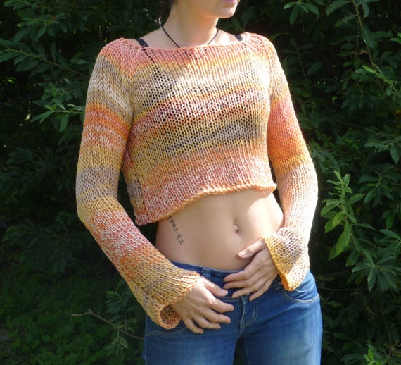 SALE 15% OFF /  Knitted Cropped Sweater in Multicolor with  Long Sleeves / Free Shipping /  Fits XS-M sizes