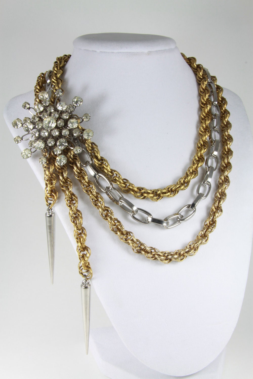 Vintage Chain necklace with vintage rhinestone brooch/ statement necklace/ one of a kind/ repurposed necklace