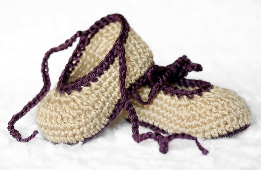 Tie Crochet Baby Booties // Purple and Tan // 6 to 9 Months