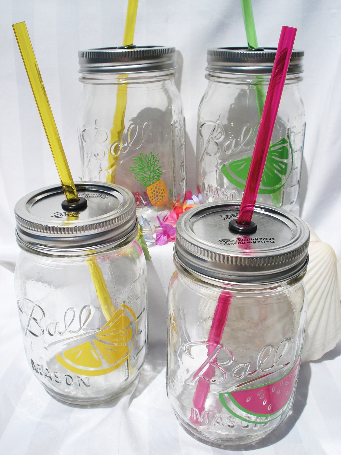 TROPICAL Hawaiian Pineapple Mason Jar Mix and Match Party Sippers with matching Reusable BPA Free Straw (4)