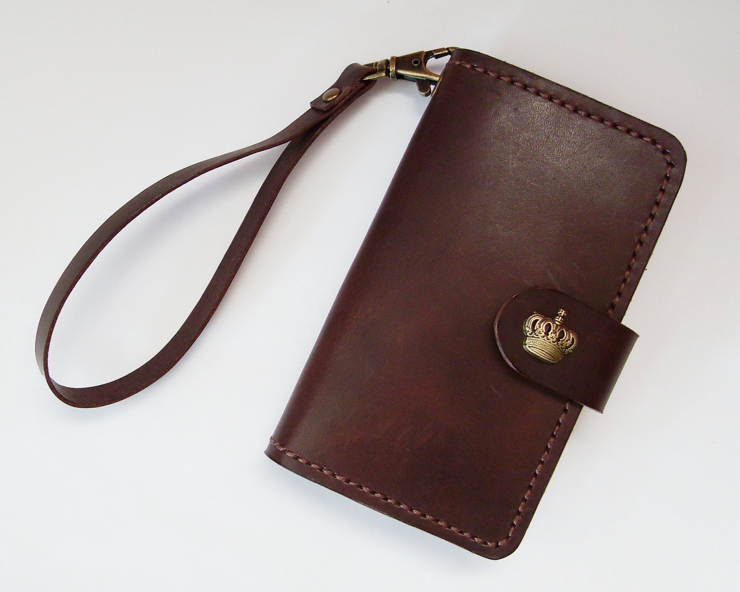 iPhone 5 Wallet - Leather iPhone 5 Case with Crown Button Snap in Dark Brown - for iPhone 5 - Handmade and Hand Stitched - Free Monogram