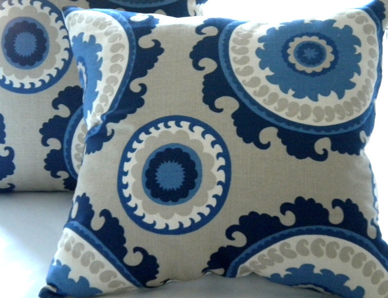 Navy Suzani Indigo Blue Cream Taupe pillow cover 18 x 18