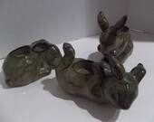 Partylite set of three bunny figures large candle holders green brown glazed pottery
